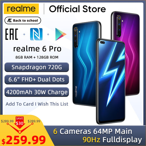 realme 6 Pro Mobile Phone 64MP Cam 8GB RAM 128GB ROM Snapdragon 720G Smartphone 90Hz Display 30W Flash Charge 4200mAh Cellphone