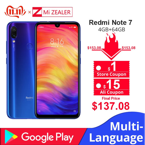 Global Version Xiaomi Redmi Note 7 4GB 64GB Mobile Phone Snapdragon 660 Octa Core 4000mAh 48MP 5MP Dual Cameras 6.3