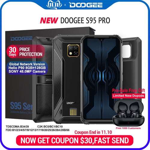 IP68/IP69K DOOGEE S95 Pro Modular Rugged Mobile Phone 6.3inch Display 5150mAh Helio P90 Octa Core 8GB 128GB 48MP Cam Android 9