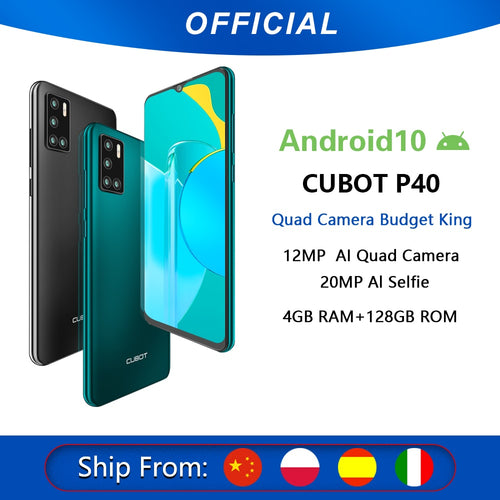 Cubot P40 Rear Quad Camera 20MP Selfie Smartphone NFC 4GB+128GB 6.2 Inch 4200mAh Android 10 Dual SIM Card mobile phone 4G LTE