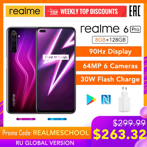 realme 6 Pro 6pro 8GB RAM 128GB ROM Global Version Mobile Phone Snapdragon 720G 30W Flash Charge 64MP Camera EU Plug NFCellphone