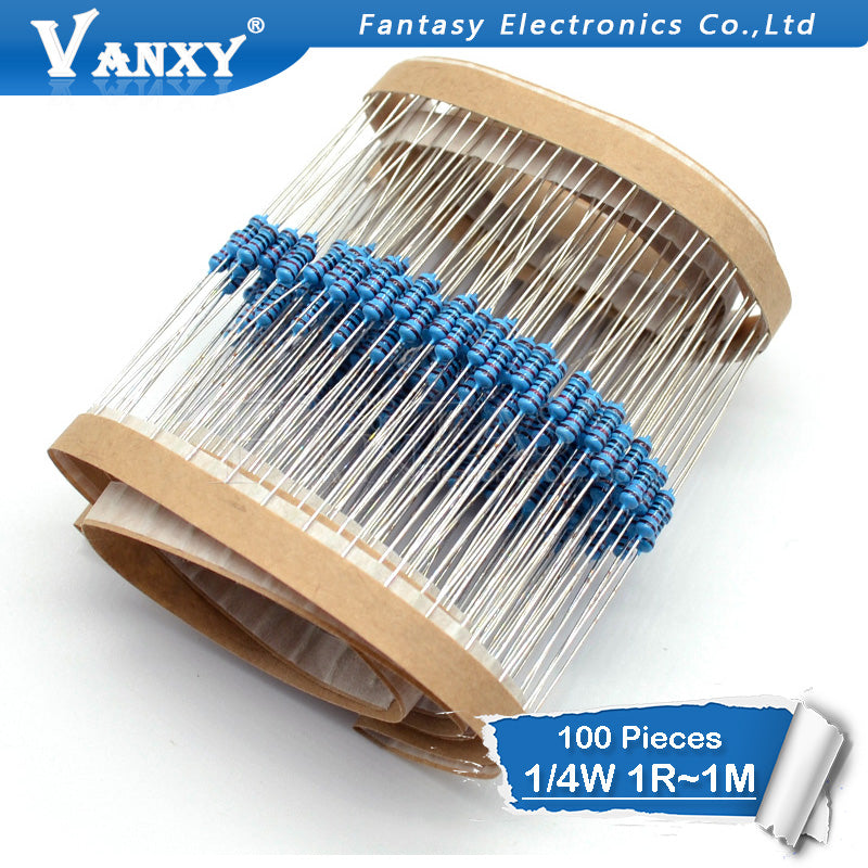 100pcs 1/4W Metal film resistor 1R ~ 1M 100R 220R 330R 1K 1.5K 2.2K 3.3K 4.7K 10K 22K 47K 100K 100 220 330 1K5 2K2 3K3 4K7 ohm